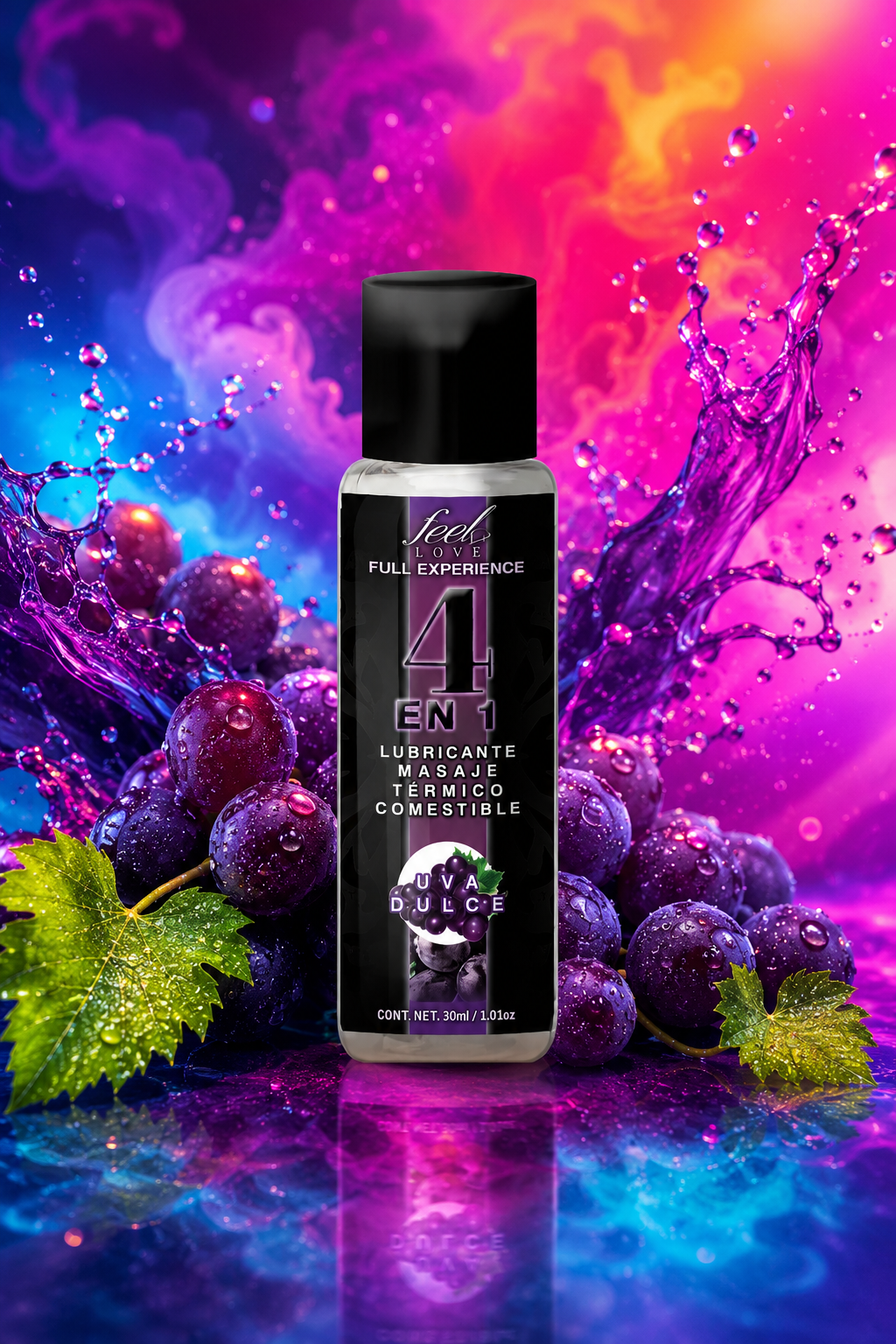 4en 1. lubricante-acite para masaje termico y comestible sabor uva