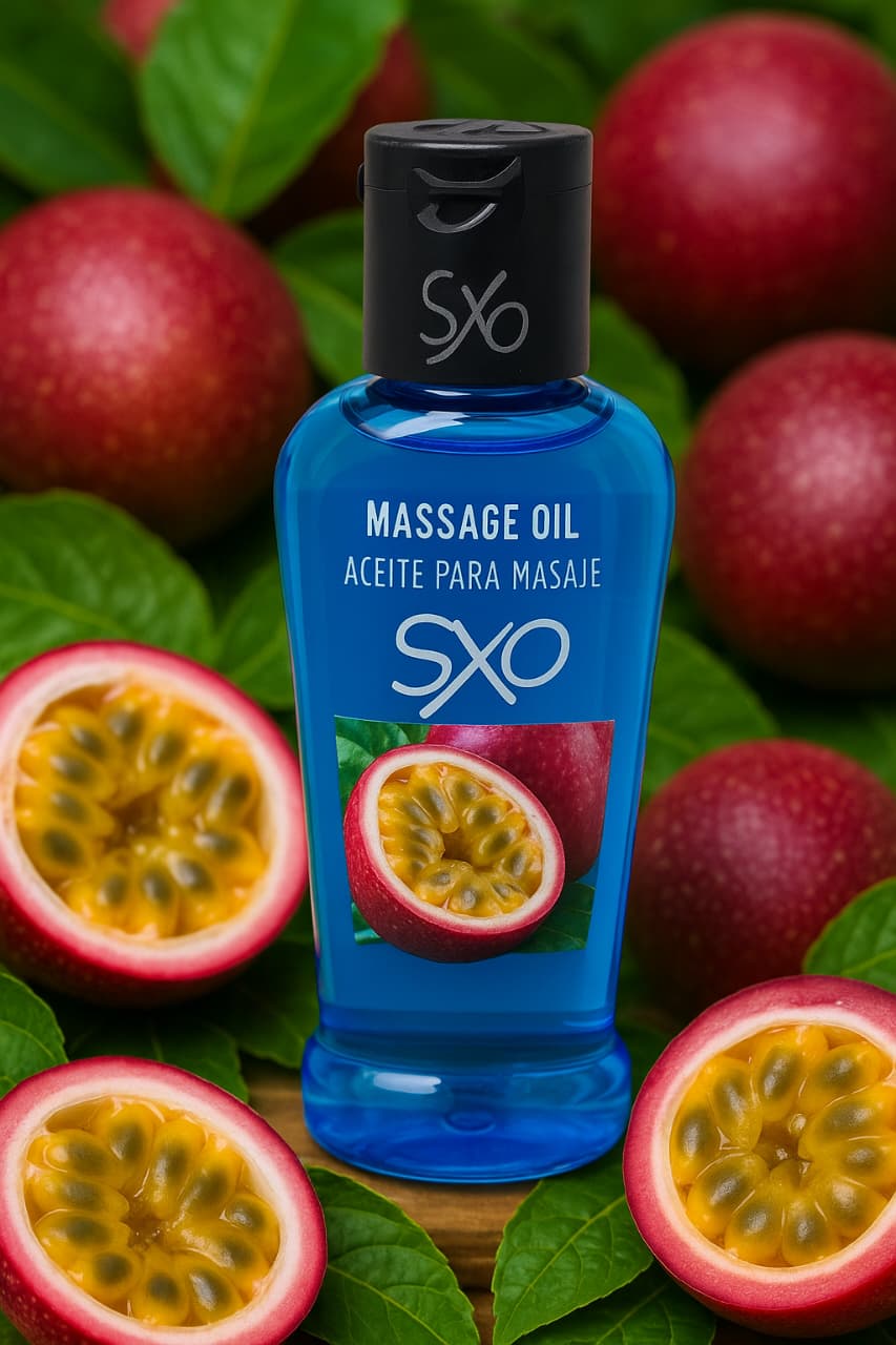 Aceite para masaje térmico y comestible sabor frutas de la pasion