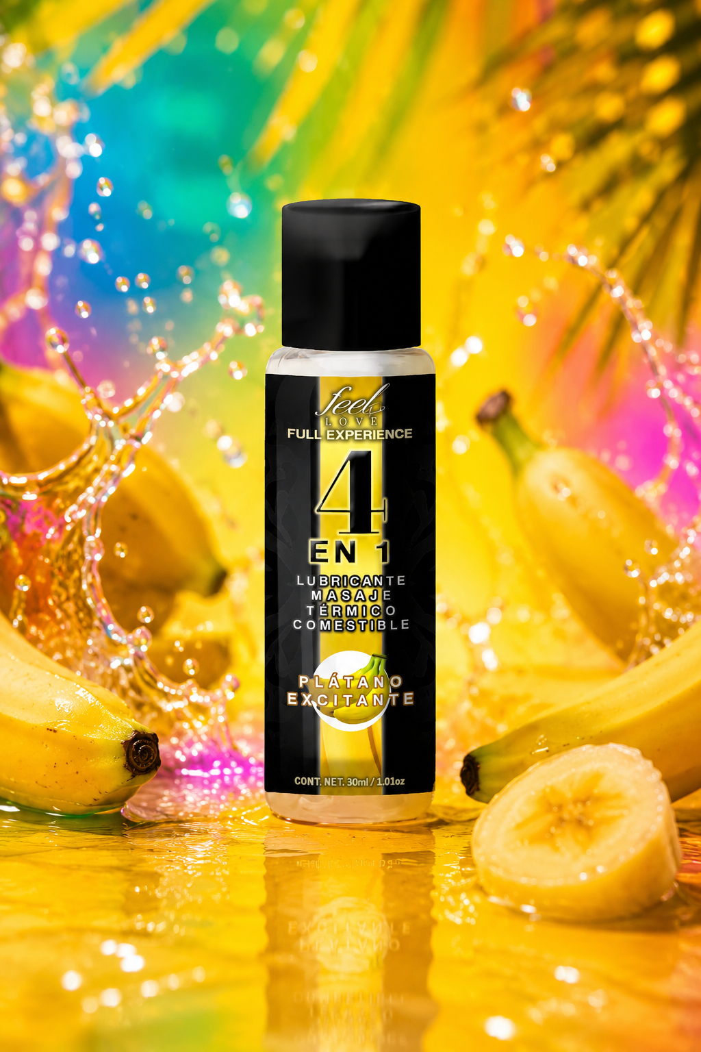 aceite para masaje, lubricante, termico y comestible sabor pláatano exitante